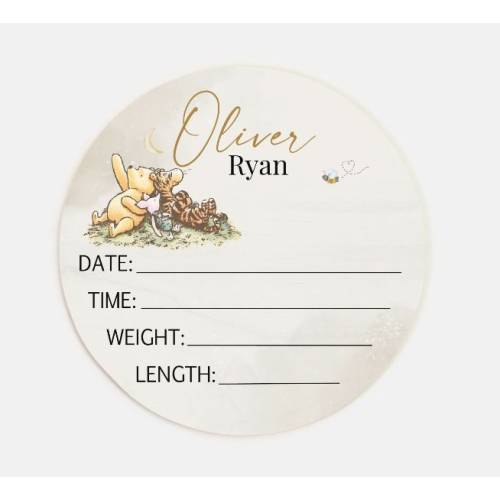 Classic Winnie Bear Baby Birth Stat Announcement, Personalized Wood Round Name Sign, Nursery Decor Boy, Novelty Pooh Bear Baby Shower Gift