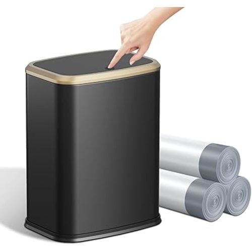 2.1 Gallon Bathroom Trash Can with Lid Press Top, 8 Liter Stainless Steel Garbage Can with Press Type Lid, Slim Trash Bin Waste Basket for Toilet, Office, Bedroom, Living Room (Black)