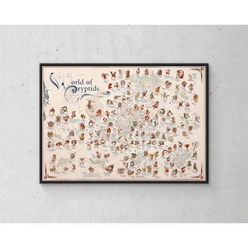 World of Cryptids Poster - Illustrated Map of Mythical Beasts, Cryptid Wall Art