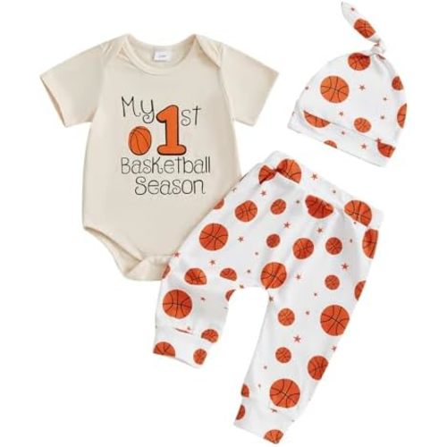 My First Basketball Season Baby Boy Girl Outfit Letter Short Sleeve Romper Pants Hat Set Newborn Summer Clothes