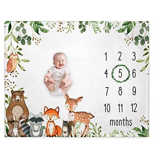 RICEFINE Woodland Baby Monthly Milestone Blanket, Woodland Animals Baby Growth Chart Monthly Blanket, Watch Me Grow Baby Woodland Forest Nursery for New Moms Baby Shower (50"x40")