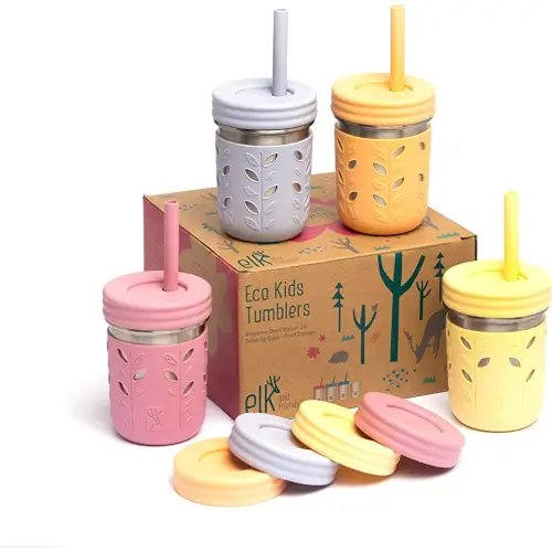 Elk and Friends Stainless Steel Cups | Mason Jar 10oz | Kids & Toddler Cups with Silicone Sleeves & Straws with Stopper | Spill proof Smoothie Cups