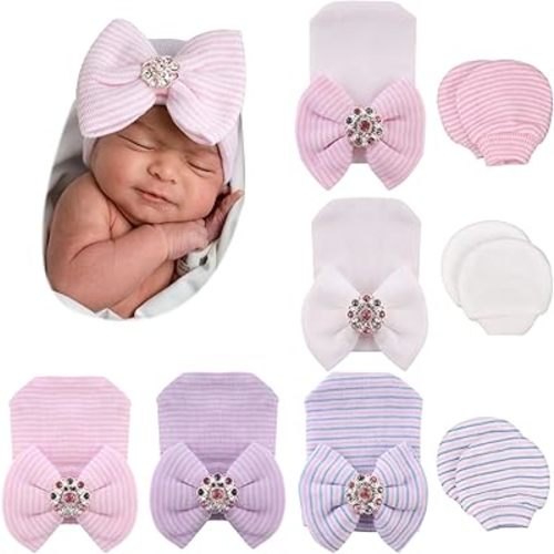 BQUBO Newborn Baby Caps Mittens for Baby Girls Set Hospital Hat Beanie Infant Hats with bow Baby Scratch Mitten Gloves