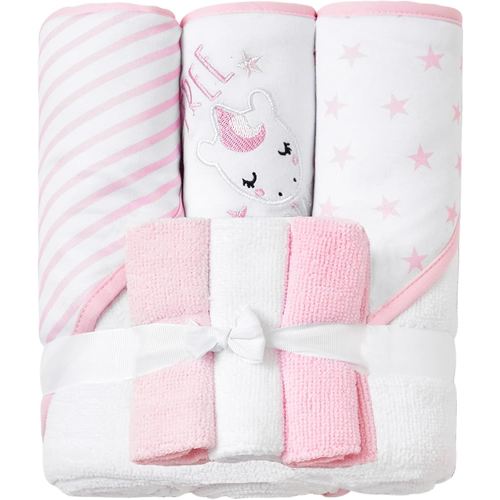 Viviland Baby Towels and Wash Cloths Set - Hooded Towels, Face Towels, Burp Cloths or Wipes - Absorbent Bath Towels - 6-Pack, Size 28 x 28 Inch (Pink Unicorn)