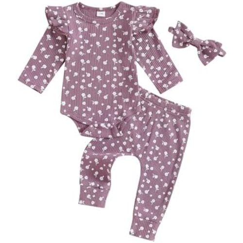 Hnyenmcko Newborn Baby Girl Fall Outfits Rib Frill Long Sleeve Ruffled Romper Solid Pants Headband Set 3Pcs Winter Clothes
