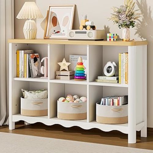 6 Cube Storage Organizer Shelf, Bookshelf and Toy Storage Organizer for Kids Rooms, Small Book Shelf for Child, Display Cabinet Bookcase for Living Room, Study Room, Office (White and Nature)
