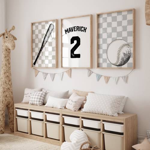 Retro Baseball Prints, Baseball Nursery Decor, Set of 3 Printables, Toddler Bedroom Wall Art, Sport Nursery, Custom Name Poster, Digital Art