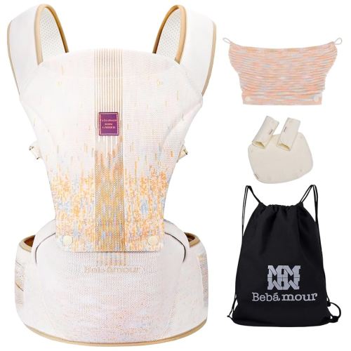 Bebamour Knit Baby Carrier Newborn to Toddler with Hip Seat Baby Carrier Front and Back Carry Carrier with Head Hood & 3 Pieces Teething Pads (White)