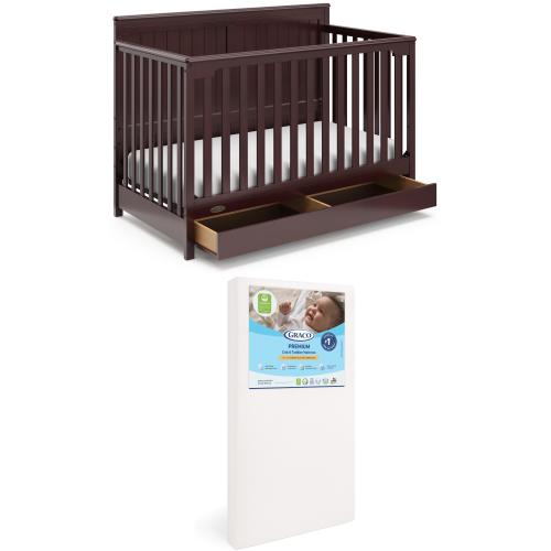 Graco Hadley 5-in-1 Convertible Crib with Drawer and Premium Crib & Toddler Mattress Bundle, Espresso