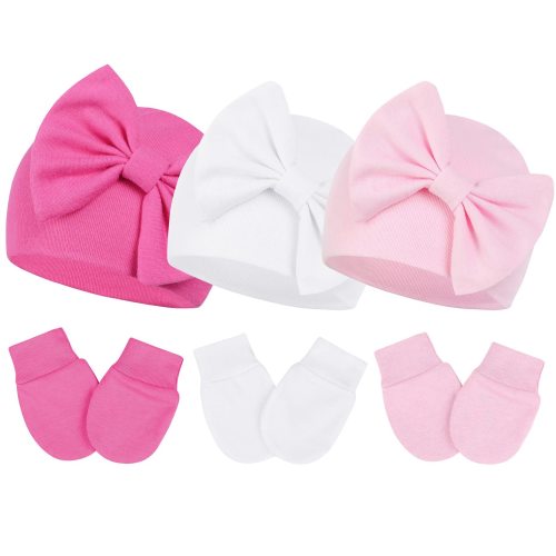 Zando 3Pcs Infant Hat and Gloves Set Soft Newborn Hats for Girls Knit Baby Hats with Bow No Scratch Mittens 0-3 Months