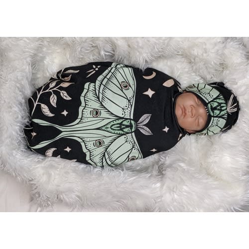 Witchy Baby Clothes, Lunar Moth Swaddle with Hat or Headband, Moonlit Green on Black Knit for Soft Calming Fit, Fall Halloween Baby