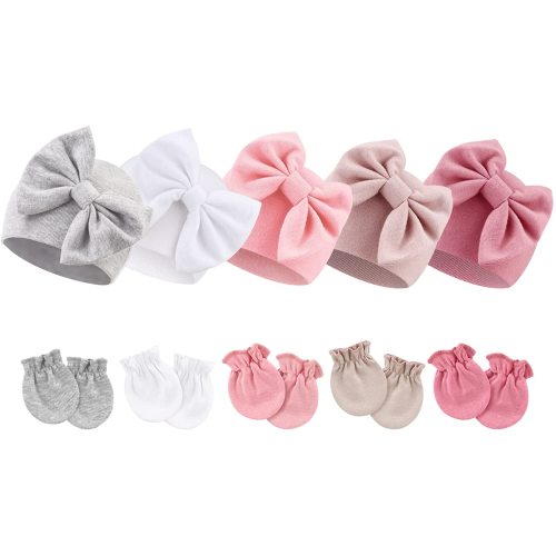 BQUBO Newborn Baby Girls Hats Mittens Set Hospital Hat Beanie Infant Bow Hats Baby Cotton Gloves No Scratch Mittens
