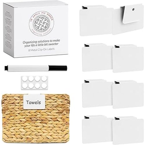 Labels for Storage Bins | Metal Storage Bin Labels (2.5” x 3.5”) - Set of 8 Basket Clip On Labels for Storage Bins w/Non-Slip Grip Pads & Dry Erase Marker - Removable Bin Labels for Storage Bins