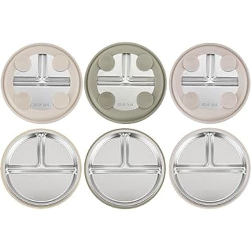 PandaEar 3 Pack Stainless Steel Baby Suction Plates, Divided Toddler Plate for Baby Led Weaning Supplies, Non-Slip Toddler Baby Feeding Set Dishwasher Safe (Linen Brown Tan)