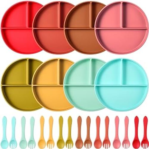 8 Packs Suction Plate for Toddlers Baby Plates with Suction Kids Silicone Suction Plate, Microwave Dishwasher Safe, Silicone Divided Plates with Spoon and Fork, BPA Free, for Infants 8 Colors