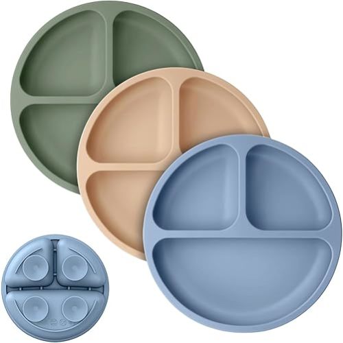 Cutebe 3 Pack Suction Plates for Baby Food Grade Silicone Baby Plates with Suction Microwave & Dishwasher Safe Toddler Plates Divided Design & Raised Edges Toddler Dishes for Feeding