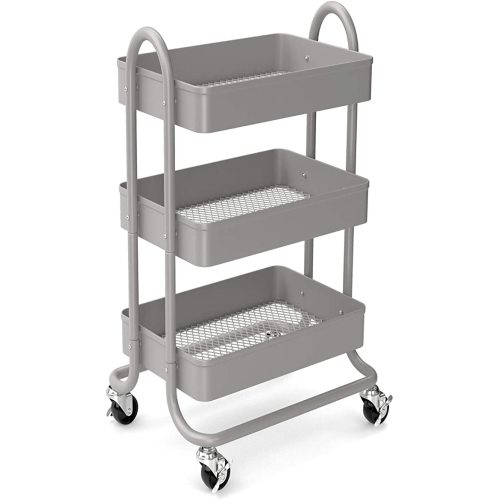 3-Tier Rolling Metal Storage Organizer - Mobile Utility Rolling Storage Cart, Kitchen Cart with Caster Wheels (Grey)