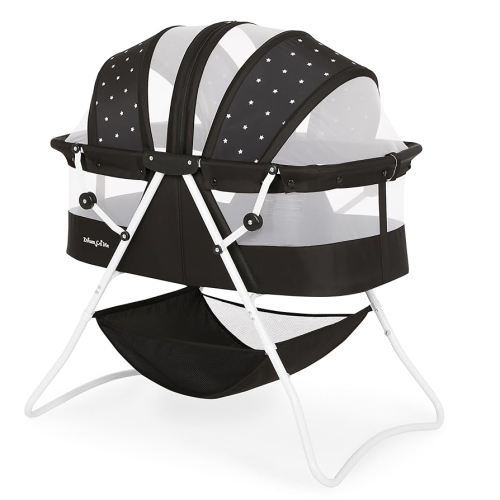 Dream On Me Karley Bassinet in Onyx, Lightweight Portable Baby Bassinet, Quick Fold and Easy to Carry , Adjustable Double Canopy, Indoor and Outdoor Bassinet with Large Storage Basket.