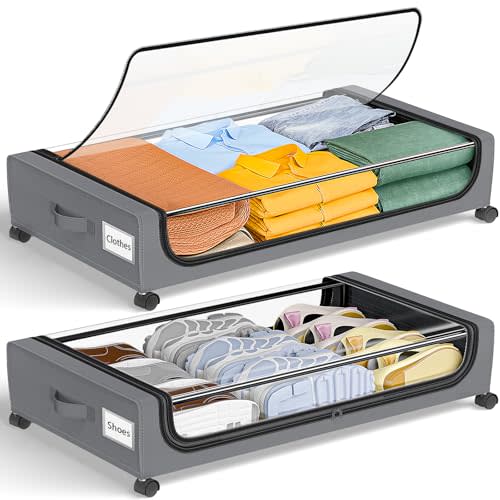 GoMaihe Under Bed Storage with Wheels: XXL Underbed Storage Containers with Lids - Rolling Drawers for Shoes Clothes in Dorm Bedroom - Space-Saving Easy Pull-out Grey 2-Pack