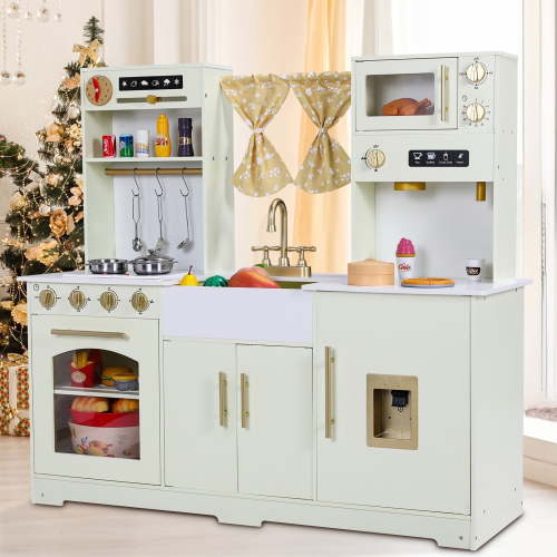 Arlopu Wooden Kitchen Cooking Toy for Kids, Kitchen Pretend Play Set with Real Lights & Sounds, Cookware Accessories