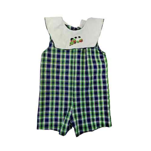 Vintage Kelly's Kids Blue Green Plaid Choo Choo Train Romper 12 Month Baby 1 Pc