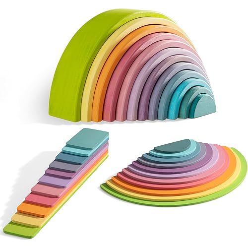 Wooden Rainbow Stacker Set - Rainbow Stacking Toy Set with Rainbow Stacker, Semicircle, Building Board - Waldorf Wooden Open Ended Stacking Toys - Great for as Gift (Pastel Rainbow-3 Pack)