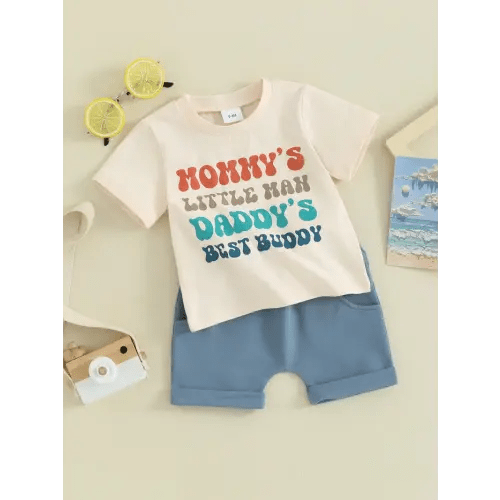 Toddler Baby Boy Summer Clothes Short Sleeve Round Neck Letter Print Tops + Elastic Waist Shorts Casual Outfits