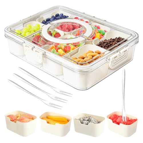 Dunruz Snackle Box Container,Portable Snack Box 8 Compartment Divided Serving Tray with Lid and Handle,Clear Storage Organizer for Fruit Candy Nuts Veggie-Perfect for Road Travel Party1 Pack