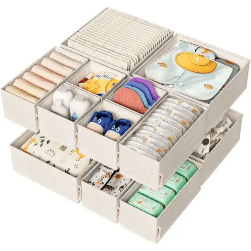 Cotton Linen Drawer Organizer for Baby Clothes, 12Pack Multi-Size Nursery Dresser Dividers for Clothes, Premium Foldable Storage Bins for Bedroom, Closet and Diaper Table, Beige