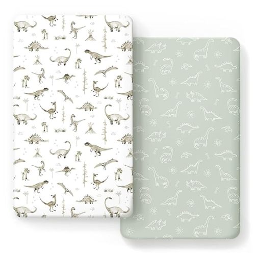 GRSSDER Stretch Ultra Soft Jersey Knit Fitted Crib Sheets Set 2 Pack,Fit All Standard Crib Mattress Pads Safe and Snug, Crib Fitted Sheet for Baby, Dinosaur