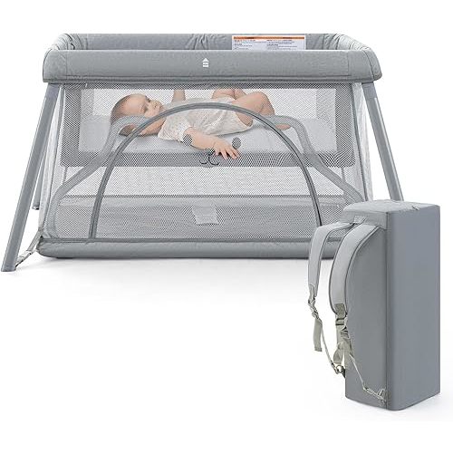 Travel Crib,Portable Crib for Baby, Pack and Play for Babies and Toddler, Lightweight Backpack Design,Foldable Travel Baby Playpen with Mattress(Light Grey)