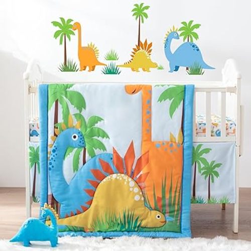 Bertte 4 Piece Crib Bedding Set for Boys Girls, Nursery Bedding Standard Size Soft Baby Bedding Crib Set Including Cartoon Quilt, Crib Skirt, Fitted Crib Sheet and Plush Toy (Blue Dinosaur)