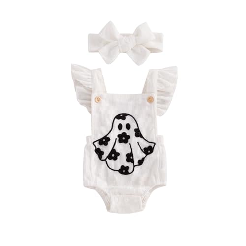 Newborn Baby Girl Halloween Outfit Ruffle Fly Sleeve Ghost Embroidery Romper Corduroy Bodysuit Headband 0-18M