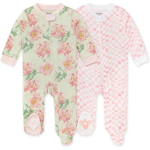 Burt's Bees Baby Baby Girls' Sleep and Play Pajamas, 100% Organic Cotton One-Piece Romper Jumpsuit Zip Front Pjs - Soft Elegant Floral 2pk - Newborn