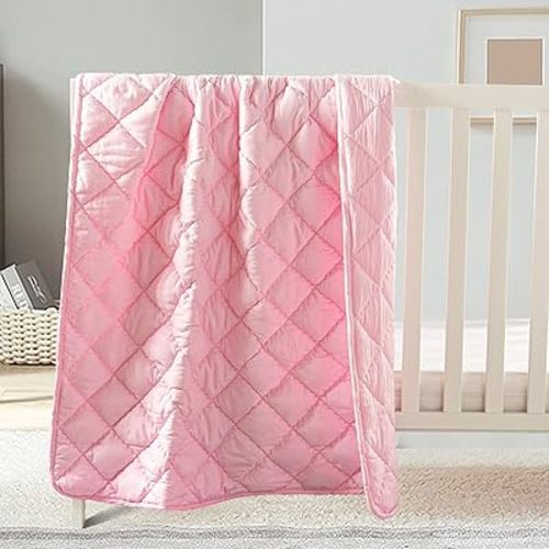 FLXXIE Down Alternative Toddler Comforter, Lightweight, Machine Washable and Warm Baby Crib Quilted Blanket for Stroller, Travel, 39x47 Inches, Pink
