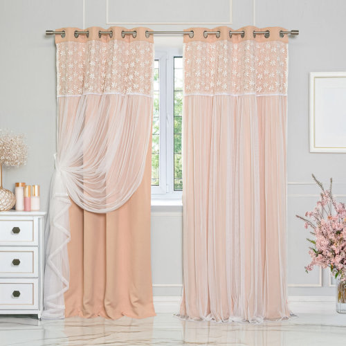Gracie Oaks Everina Lace Overlay Nature Floral Room Darkening Thermal Grommet Curtain Panels & Reviews | Wayfair
