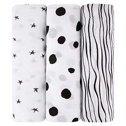 Ely's & Co. Muslin Swaddle Blanket 100% Soft Muslin Cotton 3 Pack 47"x 47" (Black & White)