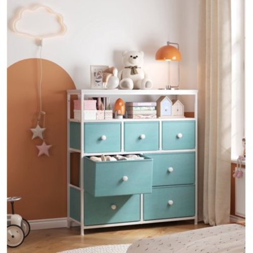 EnHomee Dresser for Bedroom with 7 Drawers TV Stand Dresser for Room Closet Dressers & Chests of Drawers with Wood Top & Metal Frame Tall Dresser for Living Room Entryway, Blue Green