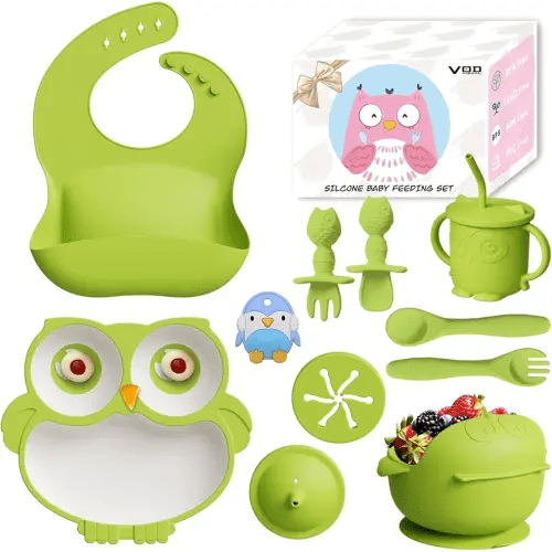 Baby Led Weaning Supplies, 10 Pack Silicone Baby Feeding Set - Baby Bowls and Plates with Suction, Toddler Spoons and Fork, Toddler Cups with Replaceable Lids (Green)