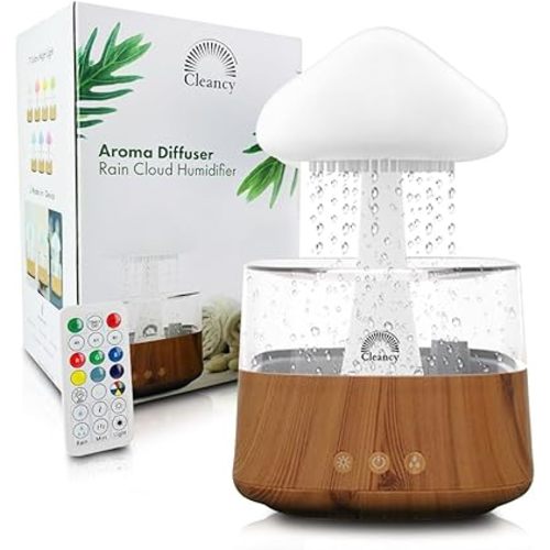 Rain Cloud Humidifier Water Drip with Adjustable LED Lights White Noise Humidification Desk Fountain Bedside Sleeping Relaxing Mood (Wood)