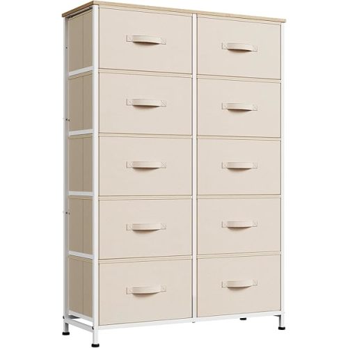WLIVE Tall Dresser for Bedroom with 10 Fabric Drawers, Cream White
