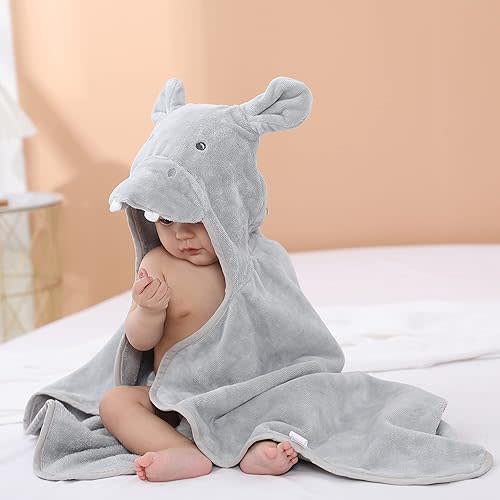 Baby Hooded Towel with Unique Animal Design Ultra Soft Thick Cotton Bath Towel for Newborn (Hippo)