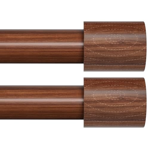 PeSenp 2 Pack Wood Curtain Rod for Windows 48 to 84, 1" Inch Adjustable Imitation Wood Grain Rods, Heavy Duty Boho Curtain Rods Easy Install Decorative Drapery Rod