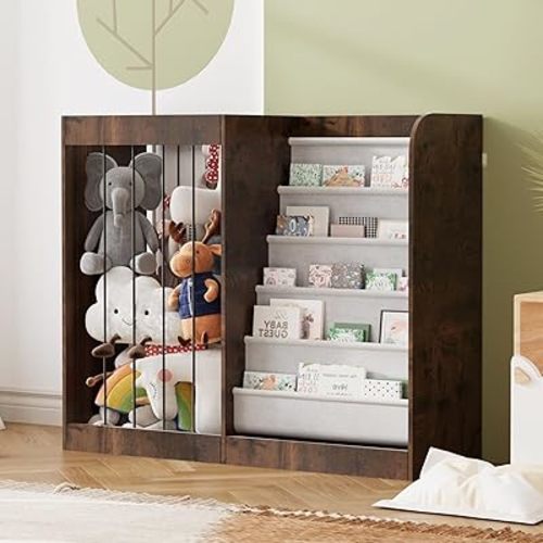 NACHES Kids Bookshelf & Stuffed Animal Net Holder 5 Tier Sling Bookshelf and Plush Toy Storage Organizer with Elastic Cord Montessori Toddler Bookcase for Kids Rooms Playroom Bedroom Nursery, Walnut