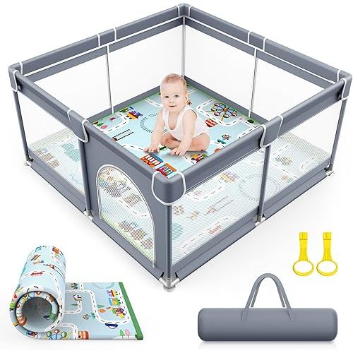 VANCLE Baby Playpen 50x50inch with Mat Playpen for Babies and Toddlers, Playard for Kids Safety Play Yard Indoor & Outdoor Baby Fence Activity Center, Gray (127CM*127CM) (50x50inch with Mat)