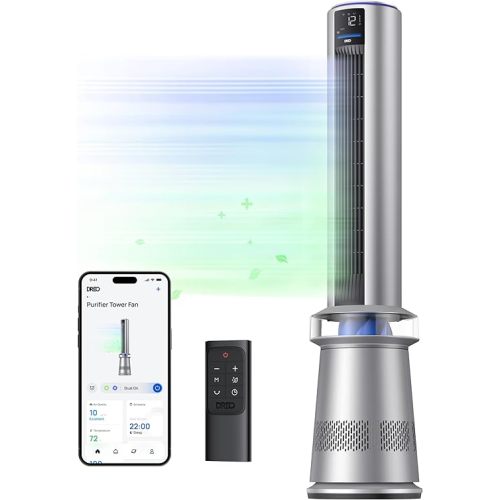 Dreo Air Purifier Tower Fan, 45" 2-in-1 Smart Fan for Bedroom, 27ft/s Velocity, 120°Oscillation, 24H Timer, APP Control Bladeless Fans for Home, 25dB Low Noise, Standing Fan Works with Alexa, MC710S - Silver