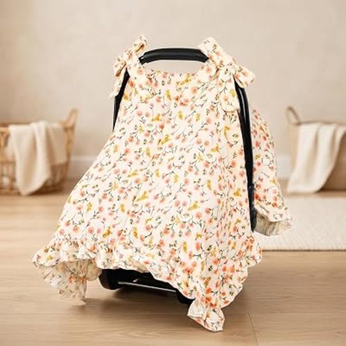 Hooyax Muslin Baby Car Seat Cover Breathable Canopy for Infant, Bow-Tie Stroller Cover, Newborn Carseat Shade for Sun, Wind & Dust Protection, 2-in-1 Nursing Cover & Nap Blanket(Pink Flower)
