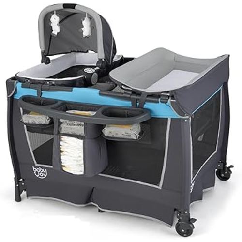 BABY JOY 5 in 1 Pack and Play, Portable Nursery Center Baby Playard w/Bassinet & Diaper Changing Table, Infant Bassinet Activity Center with Toys, Music, Oxford Bag for Toddlers (Royal Blue, Classic)