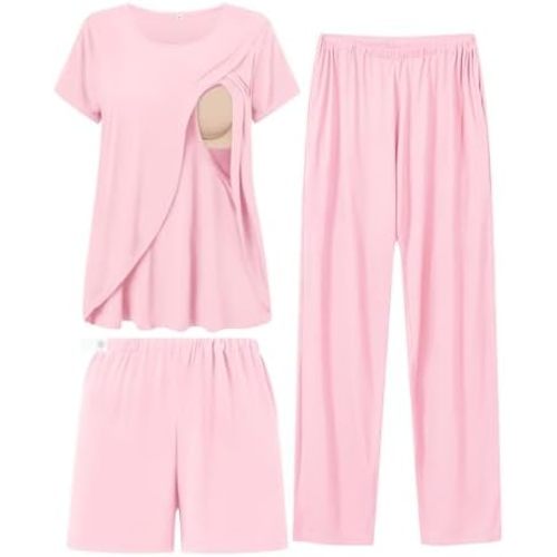 SWOMOG Women Maternity Pajamas Sets 3 Pcs Adjustable Breastfeeding Nightwear Double Layer Short Sleeve Pregnancy Pjs Set