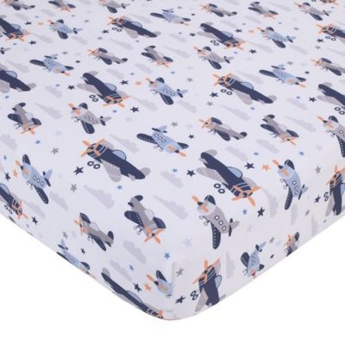 Little Love By Nojo Soar High Little One Navy, Light Blue, Orange, And White Airplanes, Clouds, And Stars Fitted Crib Sheet